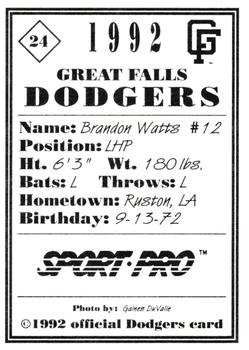 1992 Sport Pro Great Falls Dodgers #24 Brandon Watts Back