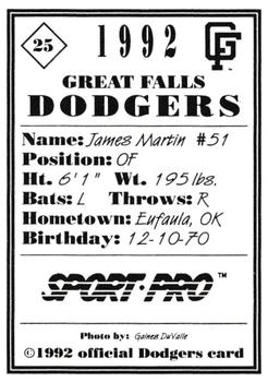 1992 Sport Pro Great Falls Dodgers #25 James Martin Back