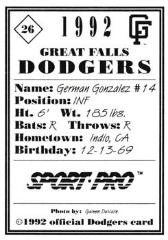 1992 Sport Pro Great Falls Dodgers #26 German Gonzalez Back