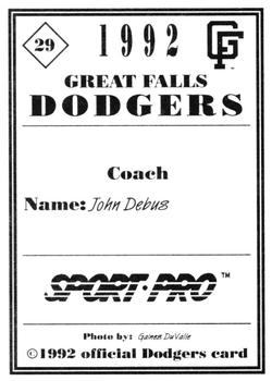1992 Sport Pro Great Falls Dodgers #29 John Debus Back