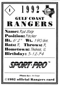 1992 Sport Pro Gulf Coast Rangers #1 Rod Seip Back