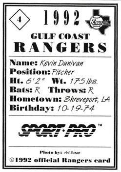 1992 Sport Pro Gulf Coast Rangers #4 Kevin Dunivan Back