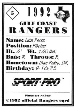 1992 Sport Pro Gulf Coast Rangers #5 Luis Perez Back