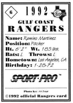 1992 Sport Pro Gulf Coast Rangers #6 Ramiro Martinez Back