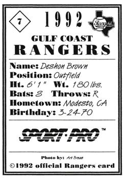 1992 Sport Pro Gulf Coast Rangers #7 Deshon Brown Back