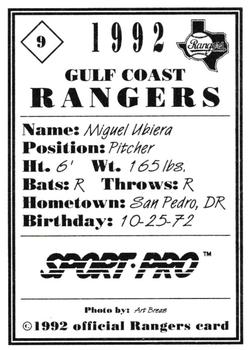 1992 Sport Pro Gulf Coast Rangers #9 Miguel Ubiera Back