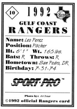 1992 Sport Pro Gulf Coast Rangers #10 Leo Perez Back