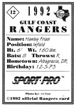 1992 Sport Pro Gulf Coast Rangers #12 Hanley Frias Back