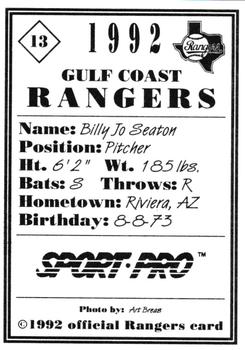 1992 Sport Pro Gulf Coast Rangers #13 Billy Jo Seaton Back