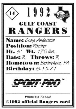 1992 Sport Pro Gulf Coast Rangers #14 Craig Anderson Back
