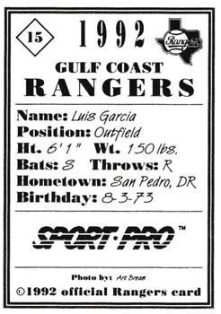1992 Sport Pro Gulf Coast Rangers #15 Luis Garcia Back