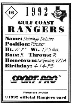 1992 Sport Pro Gulf Coast Rangers #16 Domingo Delzine Back