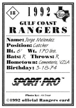 1992 Sport Pro Gulf Coast Rangers #18 Jorge Melendez Back