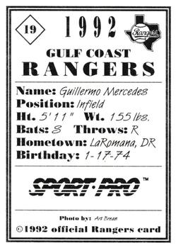 1992 Sport Pro Gulf Coast Rangers #19 Guillermo Mercedes Back