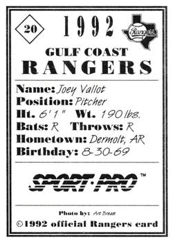 1992 Sport Pro Gulf Coast Rangers #20 Joey Vallot Back