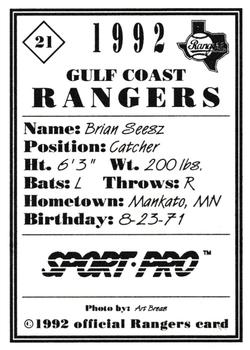 1992 Sport Pro Gulf Coast Rangers #21 Brian Seesz Back