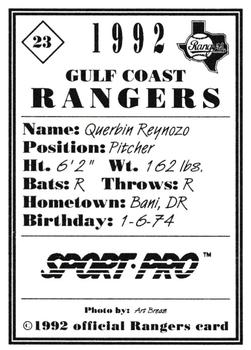 1992 Sport Pro Gulf Coast Rangers #23 Querbin Reynoso Back