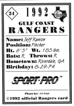 1992 Sport Pro Gulf Coast Rangers #24 Jeff Runion Back