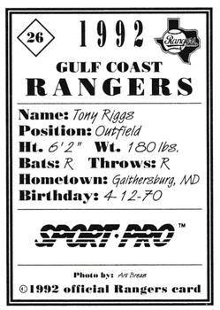1992 Sport Pro Gulf Coast Rangers #26 Tony Riggs Back