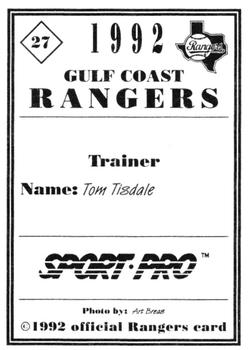 1992 Sport Pro Gulf Coast Rangers #27 Tom Tisdale Back