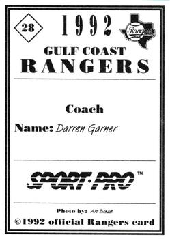 1992 Sport Pro Gulf Coast Rangers #28 Darrin Garner Back