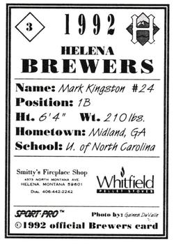 1992 Sport Pro Helena Brewers #3 Mark Kingston Back