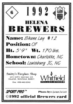 1992 Sport Pro Helena Brewers #6 Shane Lay Back