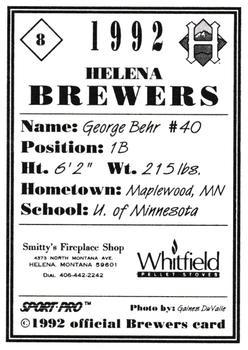 1992 Sport Pro Helena Brewers #8 George Behr Back