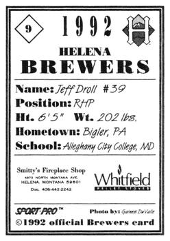 1992 Sport Pro Helena Brewers #9 Jeff Droll Back