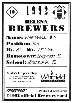 1992 Sport Pro Helena Brewers #10 Wes Weger Back