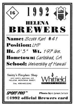 1992 Sport Pro Helena Brewers #16 Scott Karl Back