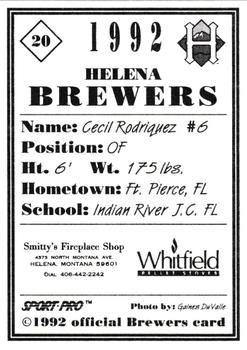 1992 Sport Pro Helena Brewers #20 Cecil Rodriques Back