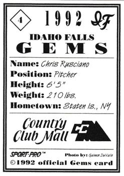 1992 Sport Pro Idaho Falls Gems #4 Chris Rusciano Back