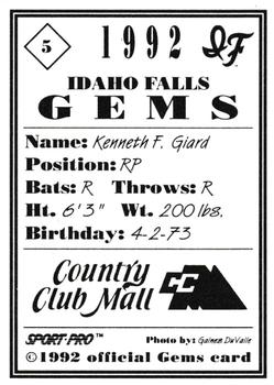 1992 Sport Pro Idaho Falls Gems #5 Kenneth Giard Back