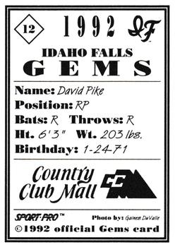 1992 Sport Pro Idaho Falls Gems #12 David Pike Back
