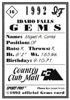 1992 Sport Pro Idaho Falls Gems #16 Miguel Correa Back