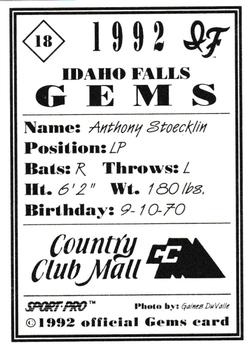 1992 Sport Pro Idaho Falls Gems #18 Anthony Stoecklin Back