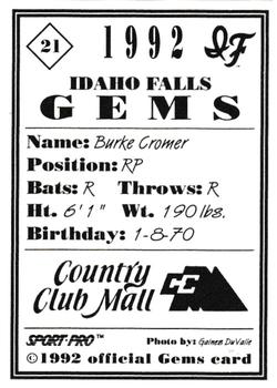1992 Sport Pro Idaho Falls Gems #21 Burke Cromer Back