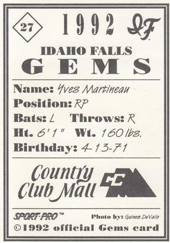 1992 Sport Pro Idaho Falls Gems #27 Yves Martineau Back