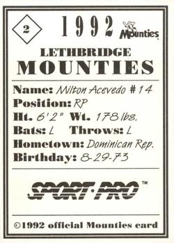 1992 Sport Pro Lethbridge Mounties #2 Milton Acevedo Back