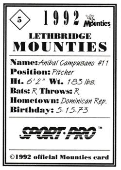 1992 Sport Pro Lethbridge Mounties #5 Anibal Campusano Back