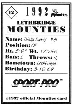 1992 Sport Pro Lethbridge Mounties #12 Blake Babki Back