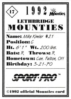 1992 Sport Pro Lethbridge Mounties #17 Mike Kimler Back
