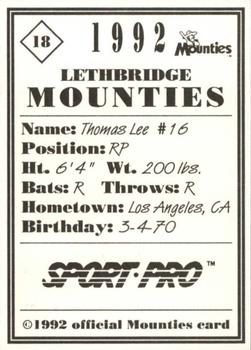 1992 Sport Pro Lethbridge Mounties #18 Thomas Lee Back