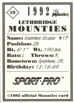 1992 Sport Pro Lethbridge Mounties #19 Matthew Scales Back