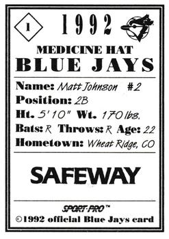 1992 Sport Pro Medicine Hat Blue Jays #1 Matt Johnson Back