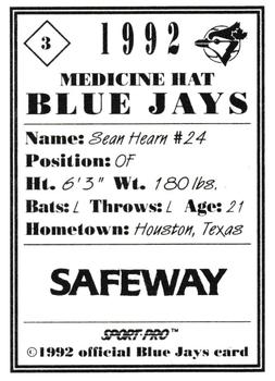 1992 Sport Pro Medicine Hat Blue Jays #3 Sean Hearn Back