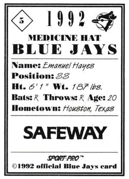1992 Sport Pro Medicine Hat Blue Jays #5 Emanuel Hayes Back