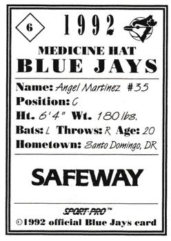 1992 Sport Pro Medicine Hat Blue Jays #6 Angel Martinez Back