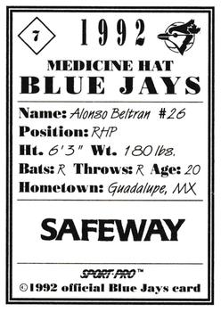 1992 Sport Pro Medicine Hat Blue Jays #7 Alonso Beltran Back